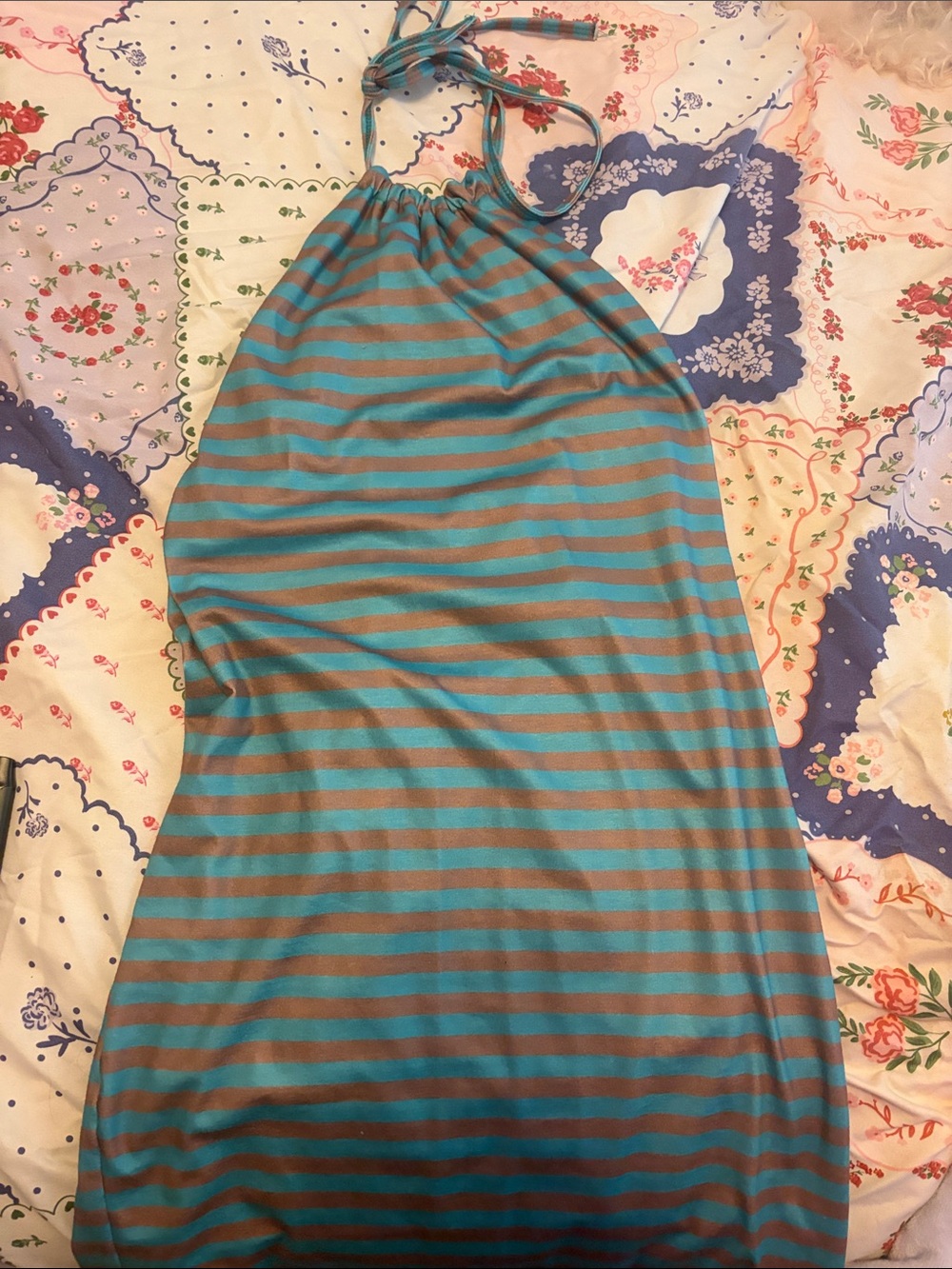 Striped Halter Midi Dress - Teal & Brown